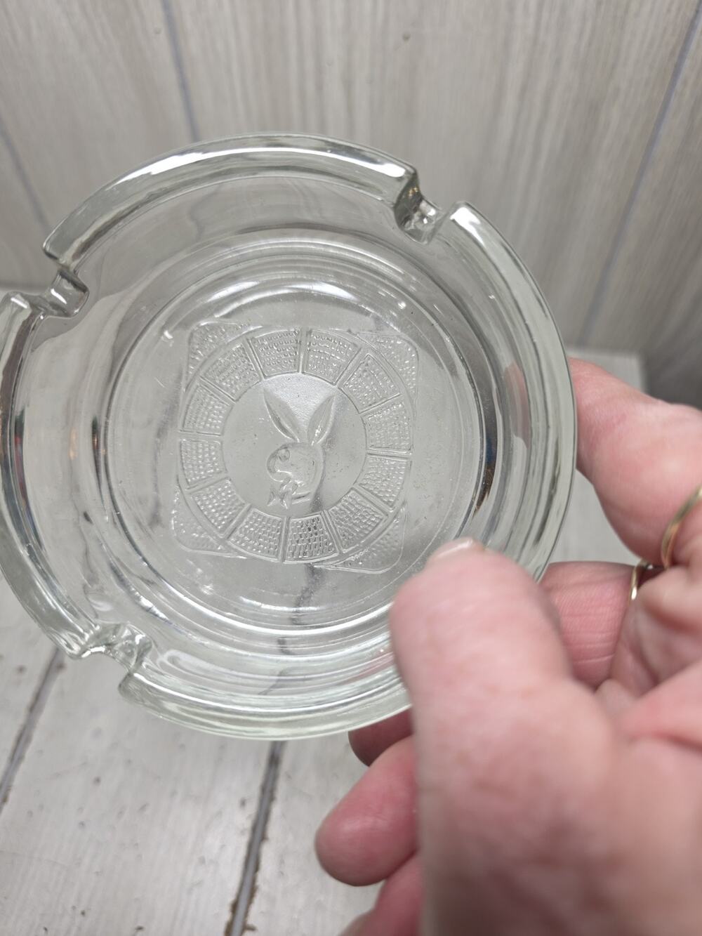 Vintage 1970s PLAYBOY Club Bunny Logo ASHTRAY Clear Round Glass 4" Trinket Dish